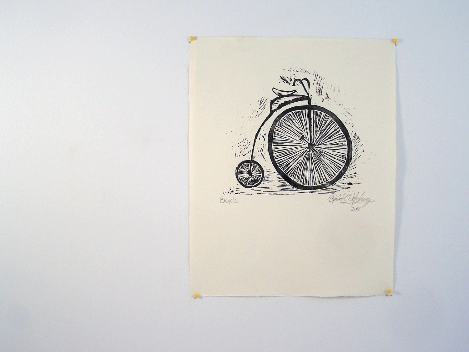 An old fashioned Bicycle, hand pulled linocut print