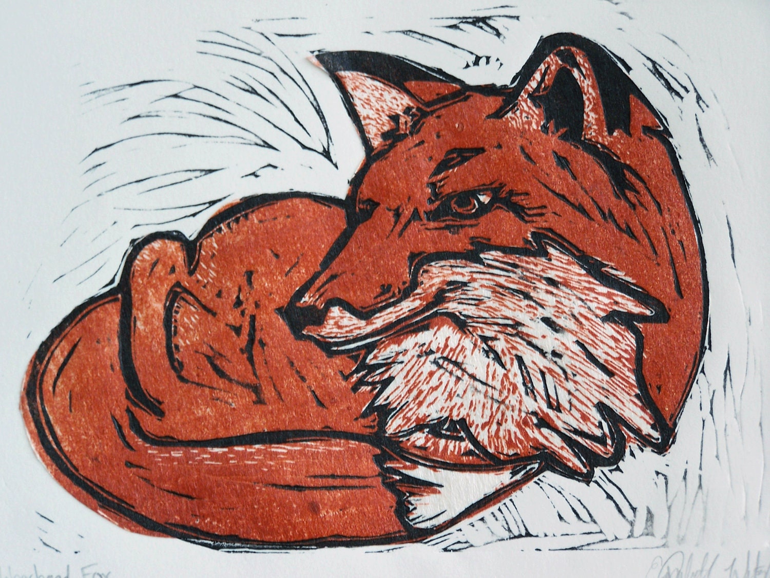 fox decor, red and black fox print, hand carved linocut print of a fox lying down