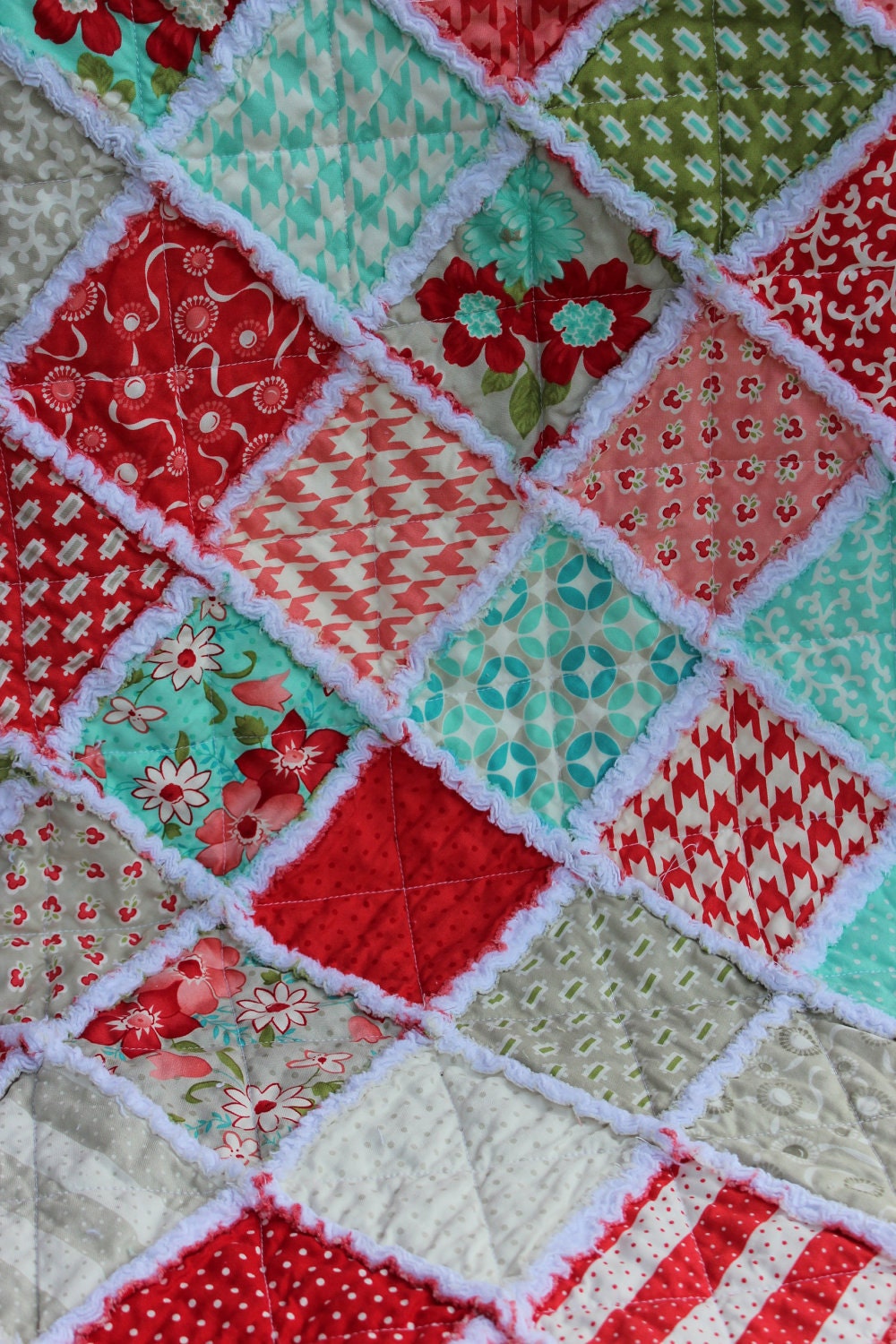Vintage Modern Baby Girl Rag Quilt in pink, red, grey and teal prints