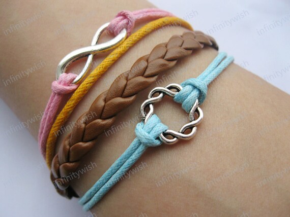Karma-antique silver karma bracelet,infinity bracelet,braid leather bracelet-Z181