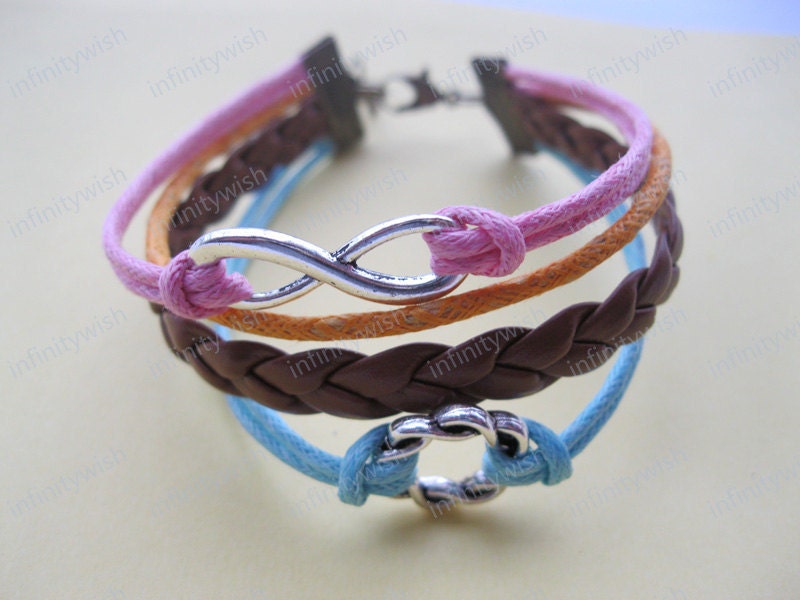 Karma-antique silver karma bracelet,infinity bracelet,braid leather bracelet-Z181
