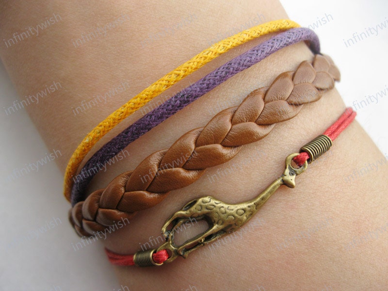 Bracelet-antique bronze giraffe bracelet,giraffe wax cords bracelet,brown braid leather bracelet-Z164