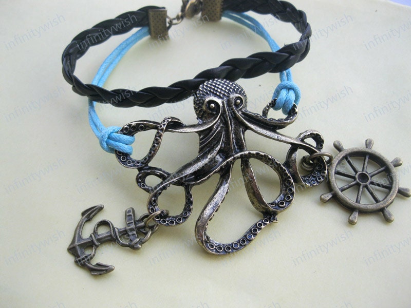Bracelet-octopus bracelet,real leather anchor and rudder bracelet-Z111