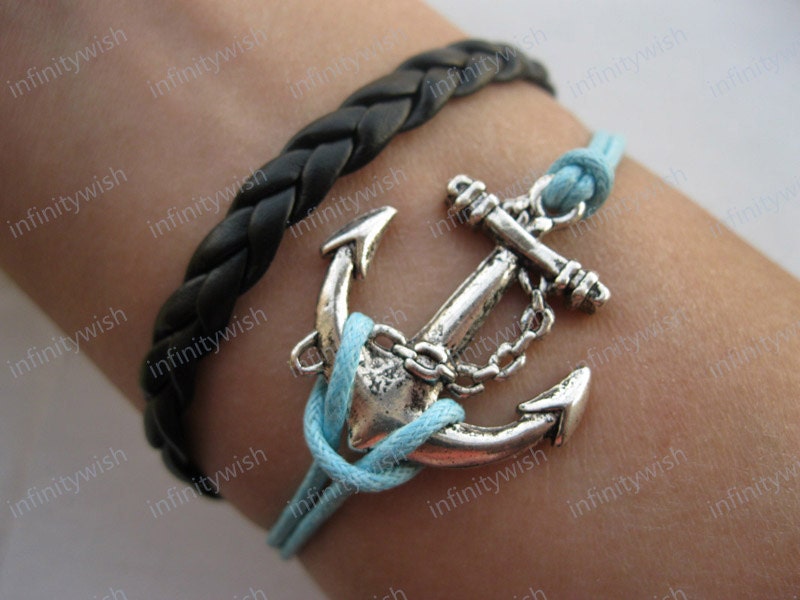 Anchor-antique silver anchor bracelet,anchor pendant,braid leather bracelet-Z004