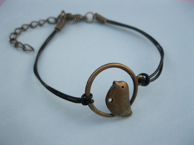 Bracelet-antique bronze bird bracelet,real leather lovebirds bracelet-Z080