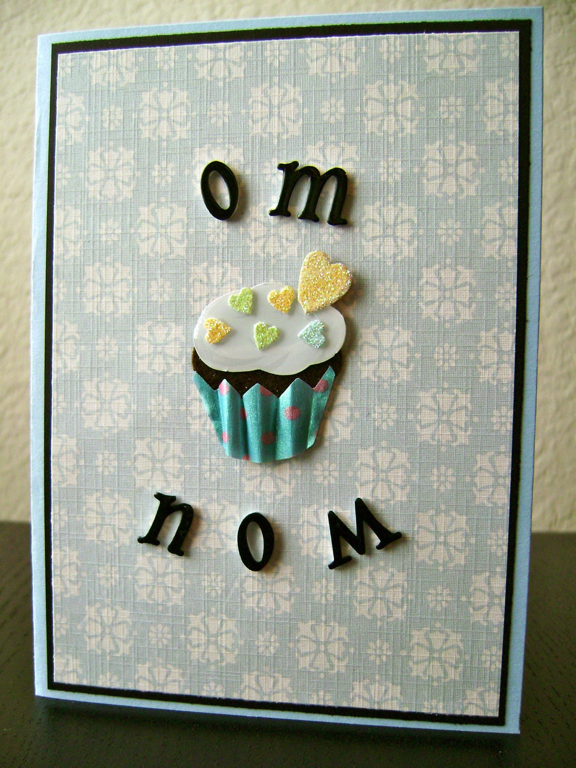 Om Nom Cupcake Blue and White Birthday Card