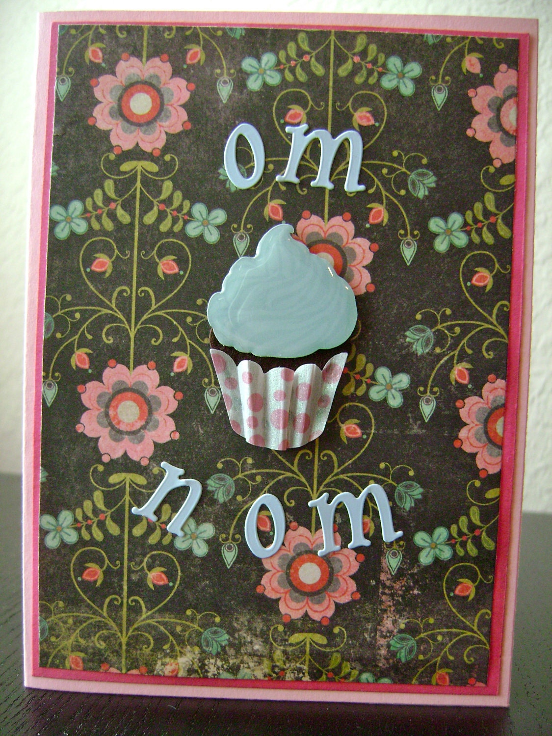 Om Nom Cupcake Pink Birthday Card