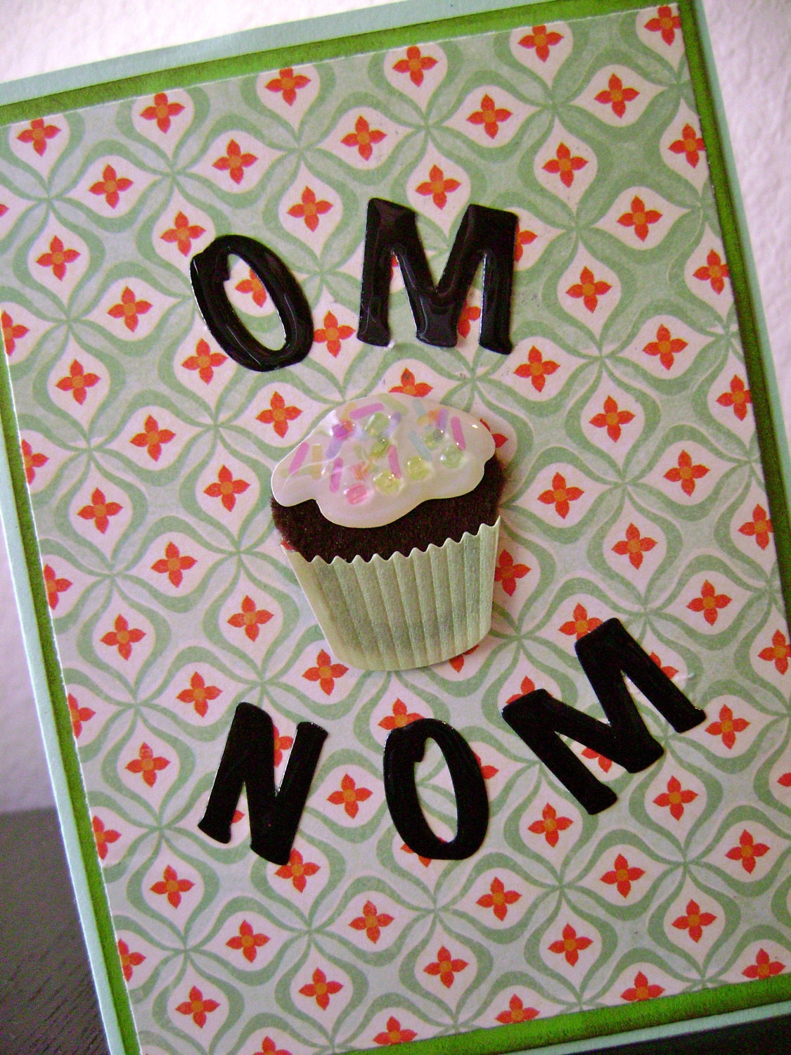Mint Green Om Nom Cupcake Birthday Card