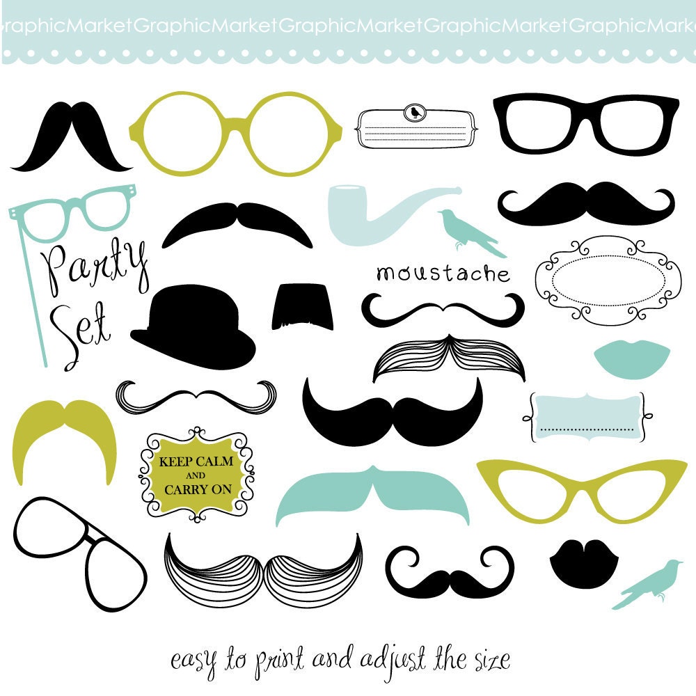 Mustache, Spectacles and Lips Kiss Digital Clipart Set. DIY Photo Booth Printables and individual clip art elemnts. Best Wedding Party Props