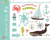 Nautical clip art collage, hand drawn sea clipart, sailboats, lighthouse, whale, anchor. for Personal and small Commercial Use