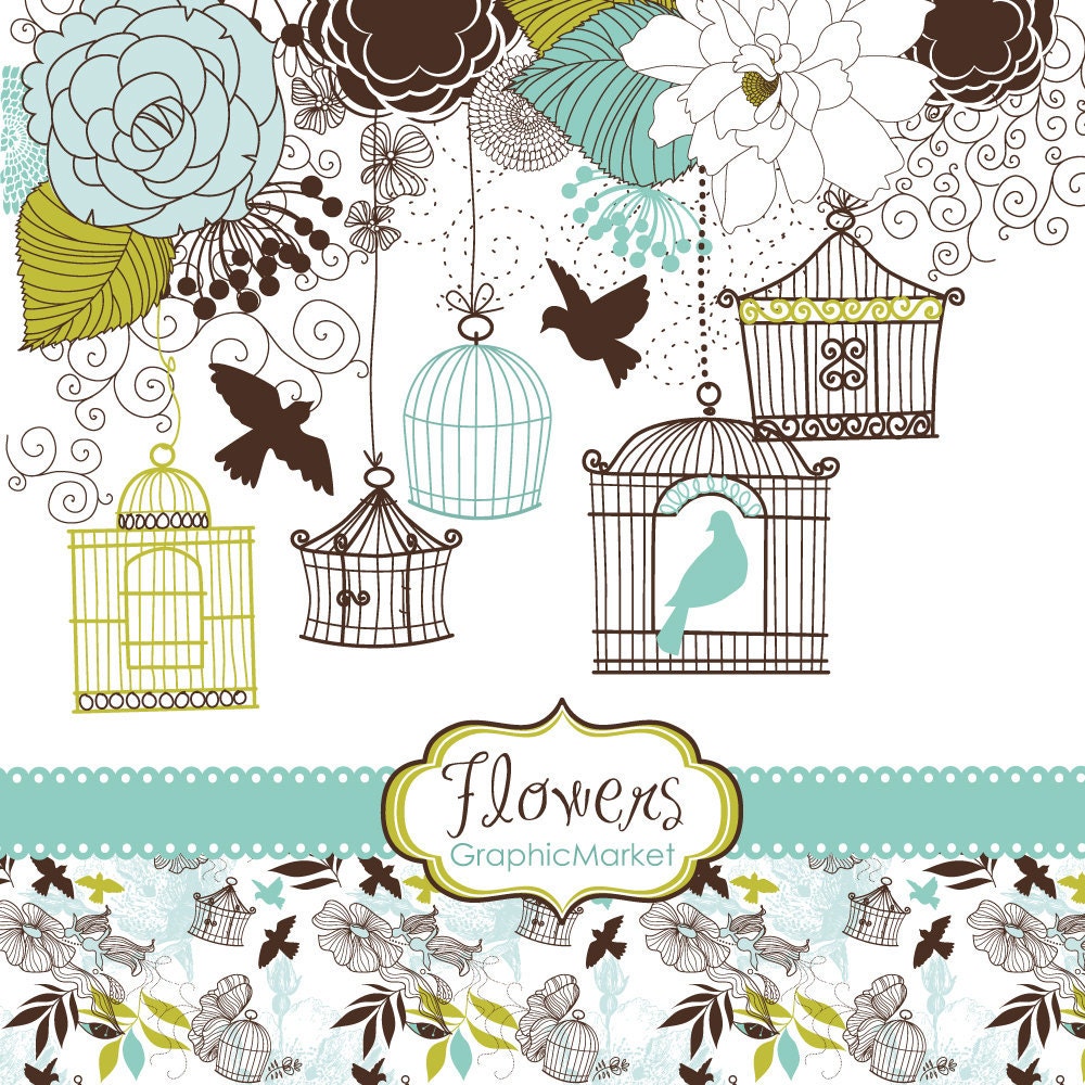 14 Flower Designs, digital paper and a floral border - Clipart for scrapbooking, wedding invitations, Personal and Small Commercial Use.