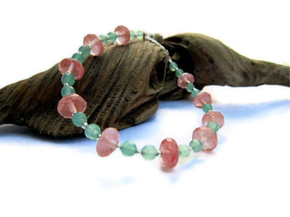 Natural gemstone Emerald and Tourmaline bracelet with sterling silver accent beads