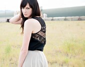 Boho lace tunic - night black shirt with feminine sheer racer back, southwest festival bohemian style fashion - large