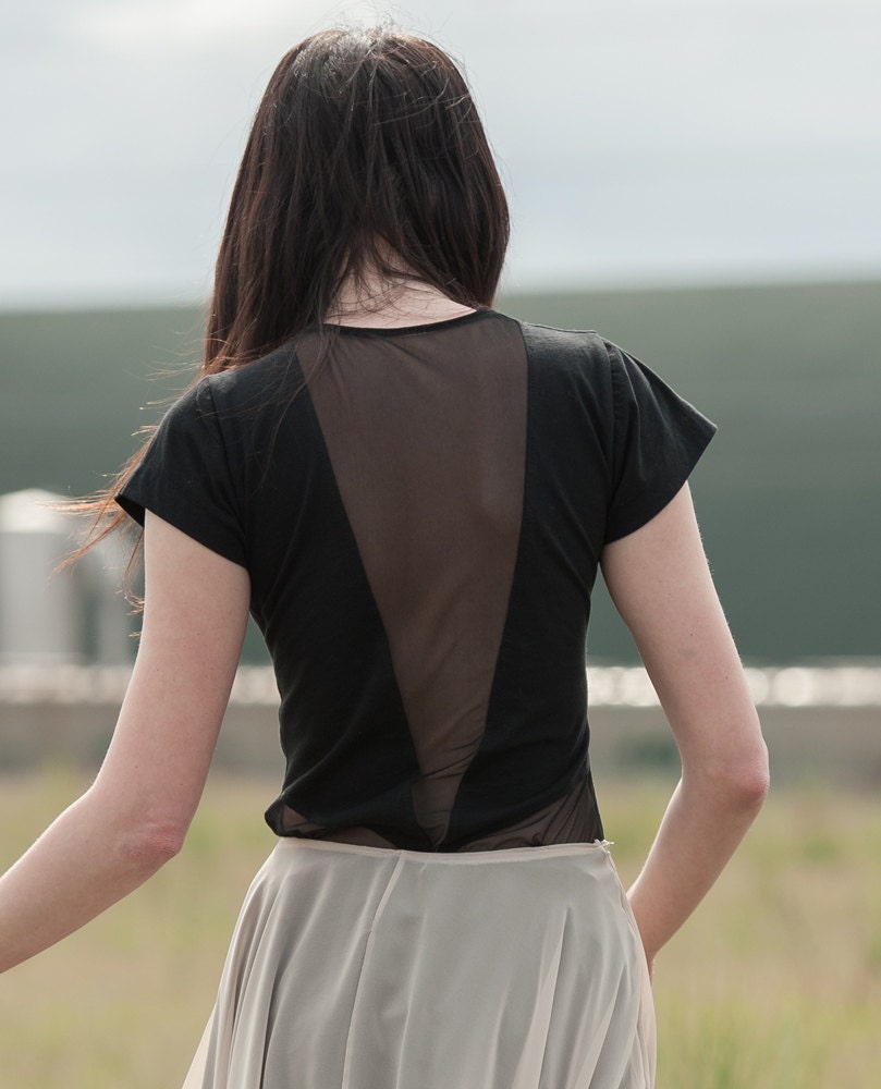 Geometric mesh t-shirt - night black jersey with sheer cut outs, triangle chevron minimal grunge - small