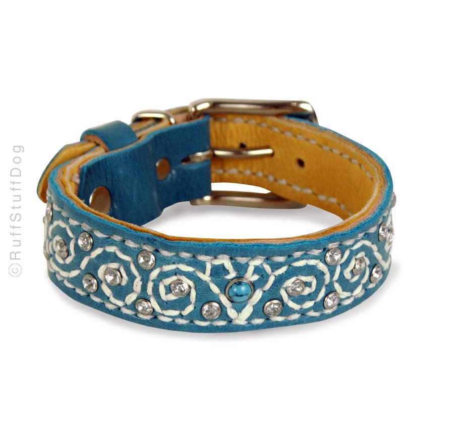 Leather Dog Collar-Swirled Stitch Collar-Turquoise-Made to Order