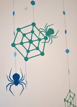 Spider web  Mobile - in rain - for children, boy, girl, kids room decor - green & blue - gift - home - toy -baby