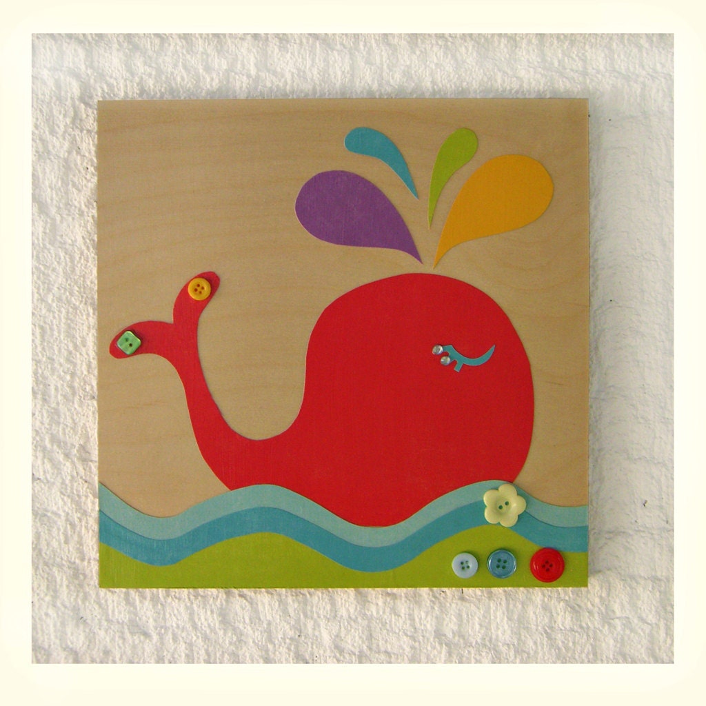 Pink Button Whale girls decor eco friendly collage on wood, 25x25,Wall Art, Nursery Art,Kids room art,kids wall art