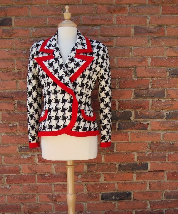Black and White Houndstooth Jacket with Red Trim by by fayeslipp