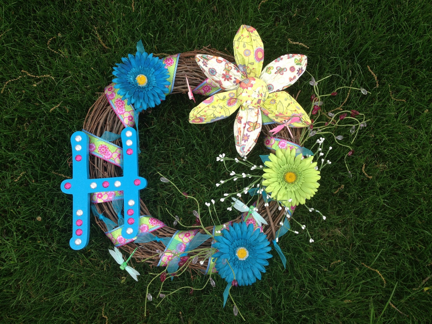 Custom Spring/ Summer Wreath with Letter Monogram Initial 18" wreath
