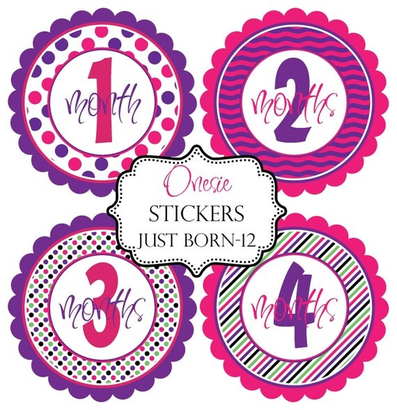 Buy cute gift ideas - Purple Hot Pink Polka Dots Girls Monthly Baby Onesie Stickers Make Great Baby Shower Gifts..Bonus Just Born Sticker Included