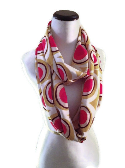 Infinity Scarf Yellow and Coral Geometric Circle print. Infinity Scarf Cowl. Spring Fashion