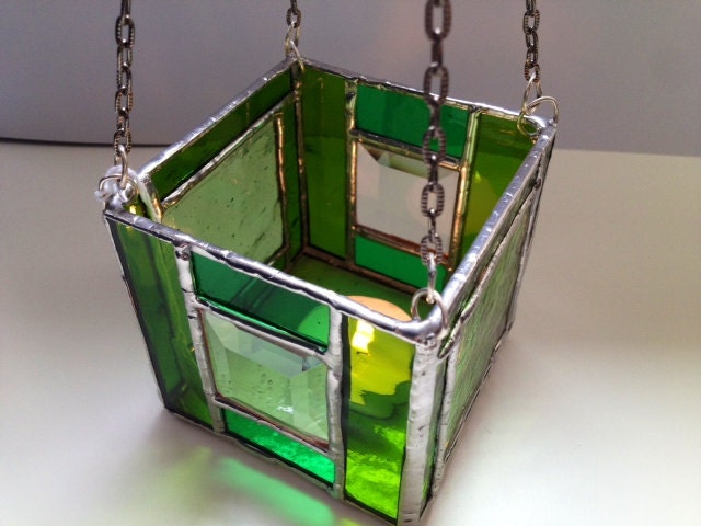 Green Stained Glass Candle Holder - Square