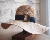Straw floppy sun hat with black grosgrain ribbon and bronze closure - AmyLehfeldt