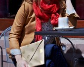 Avgvst leather clutch - bone & gold polka dots