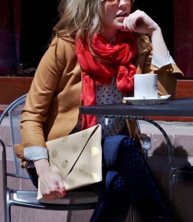 Avgvst leather clutch - bone & gold polka dots
