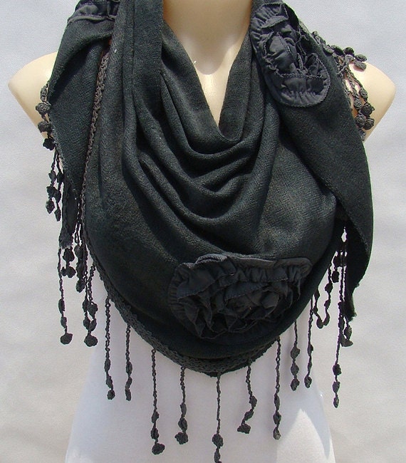 Fashion gray knitting scarf, hook flower pure color cotton scarves, lace triangle scarf, comfortable women shawls, clothing