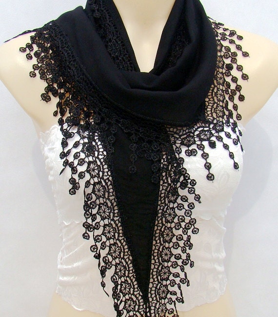 Soft cotton silk scarf black lace fichu shakes by xyuezw on Etsy