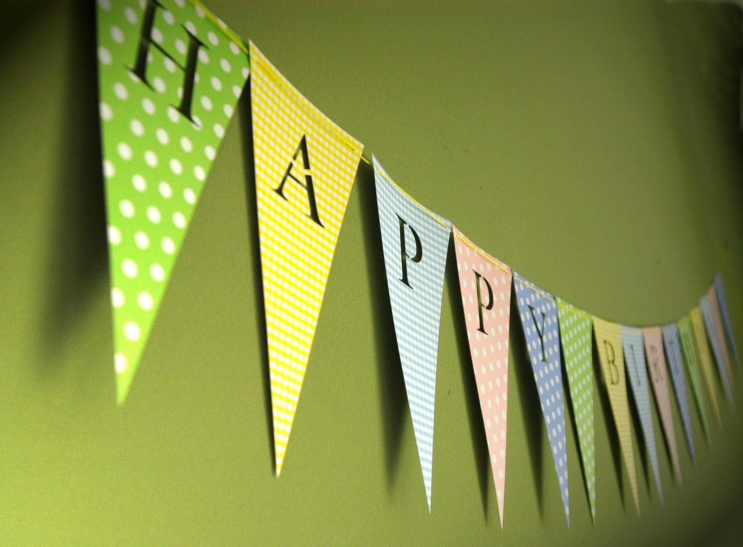 Birthday Banner -Personalized Bunting (Sign, Flags, Pennants) in pastel colors polka dots and stripes. Perfect for Party Decoration