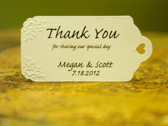 Embossed Wedding Favor Tags (75) - Personalized Thank You Tags, Your Colors, Your Letters.Perfect for Wedding or Party Favors