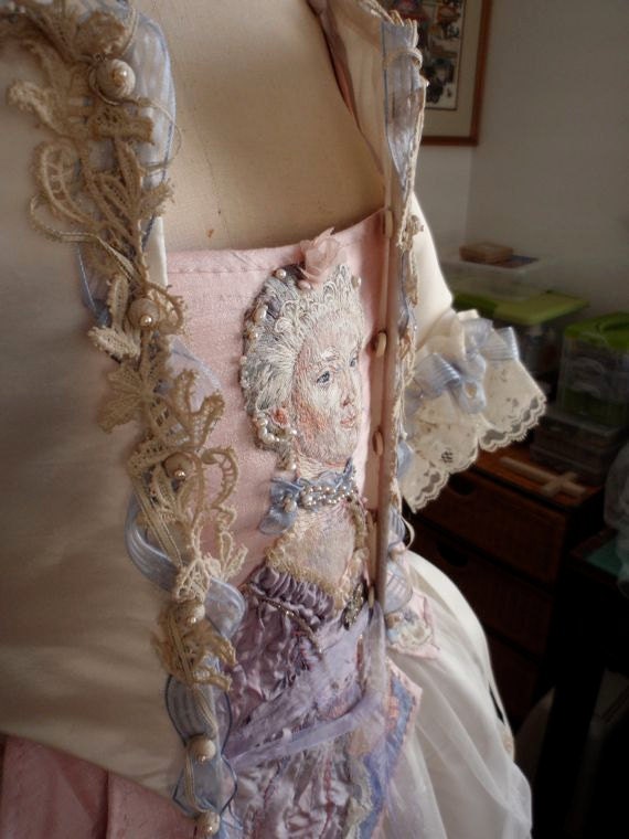 Marie Antoinette Portrait Hand Embroidered Silk Thread Painting Rococo Wedding Corset Bodice Paris Couture Theatre