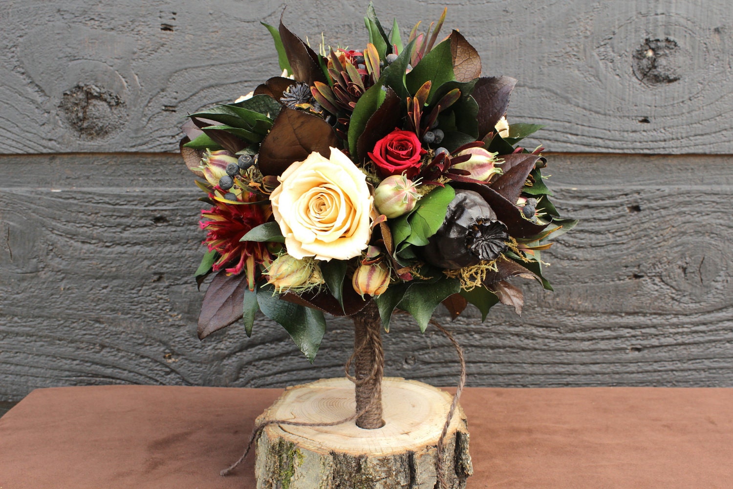 Rustic Wedding Bouquet, Woodland Wedding, Bridal Bouquet with Preserved Champagne and Burgundy Roses and Foliage 106