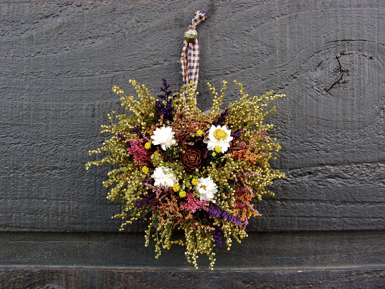 Bridesmaid Gift, Primitive Country Rustic Dried Flower Tin Heart Tart Cup Ornament Arrangements with Sweet Annie Set of Four