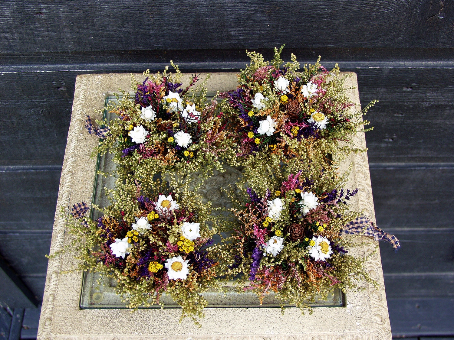 Bridesmaid Gift, Primitive Country Rustic Dried Flower Tin Heart Tart Cup Ornament Arrangements with Sweet Annie Set of Four