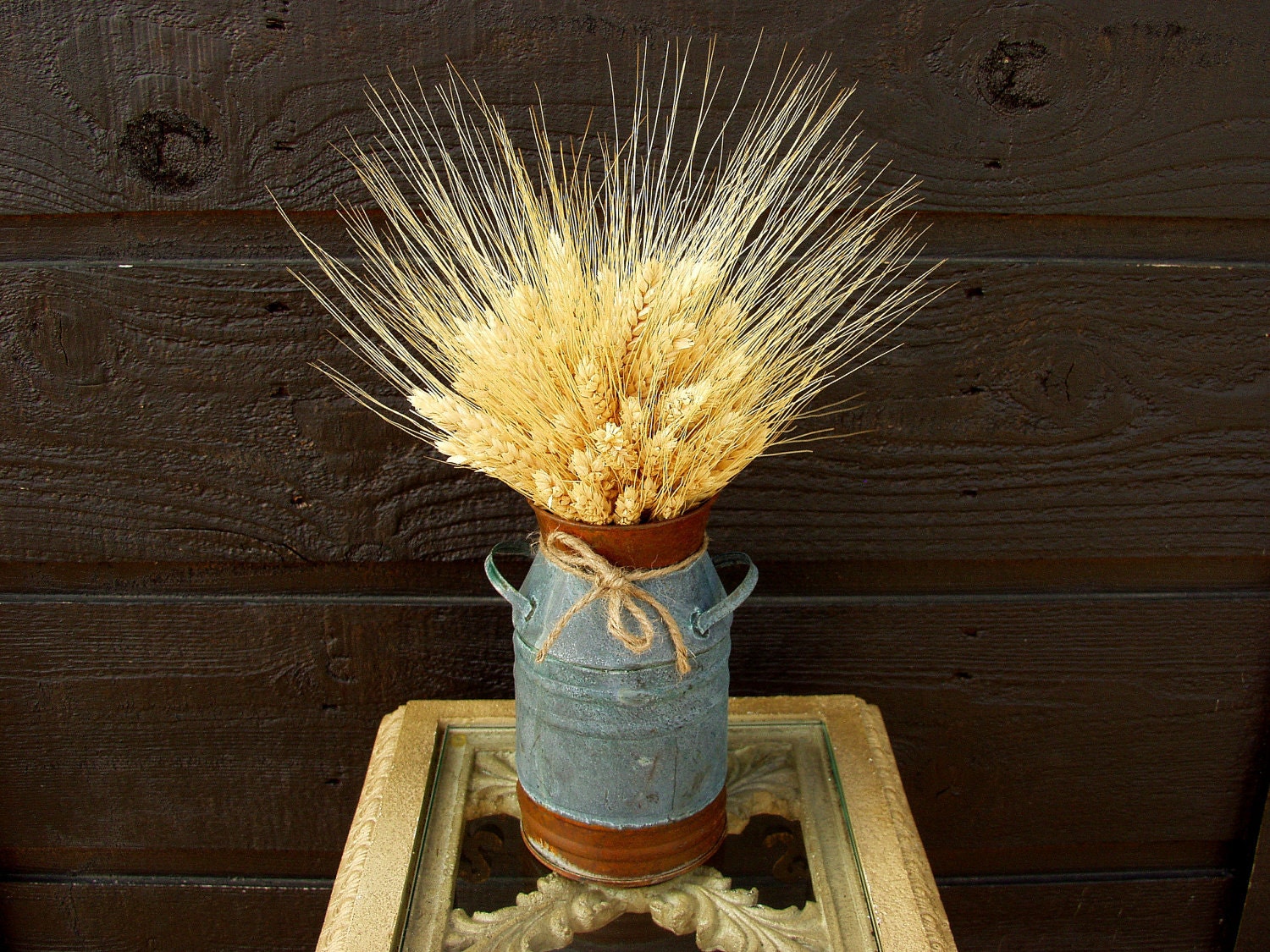 Country Farmhouse Vintage Milk Container with Dried Wheat Bundle, Country Centerpiece, Wheat Arrangement, Rustic Wheat Arrangement