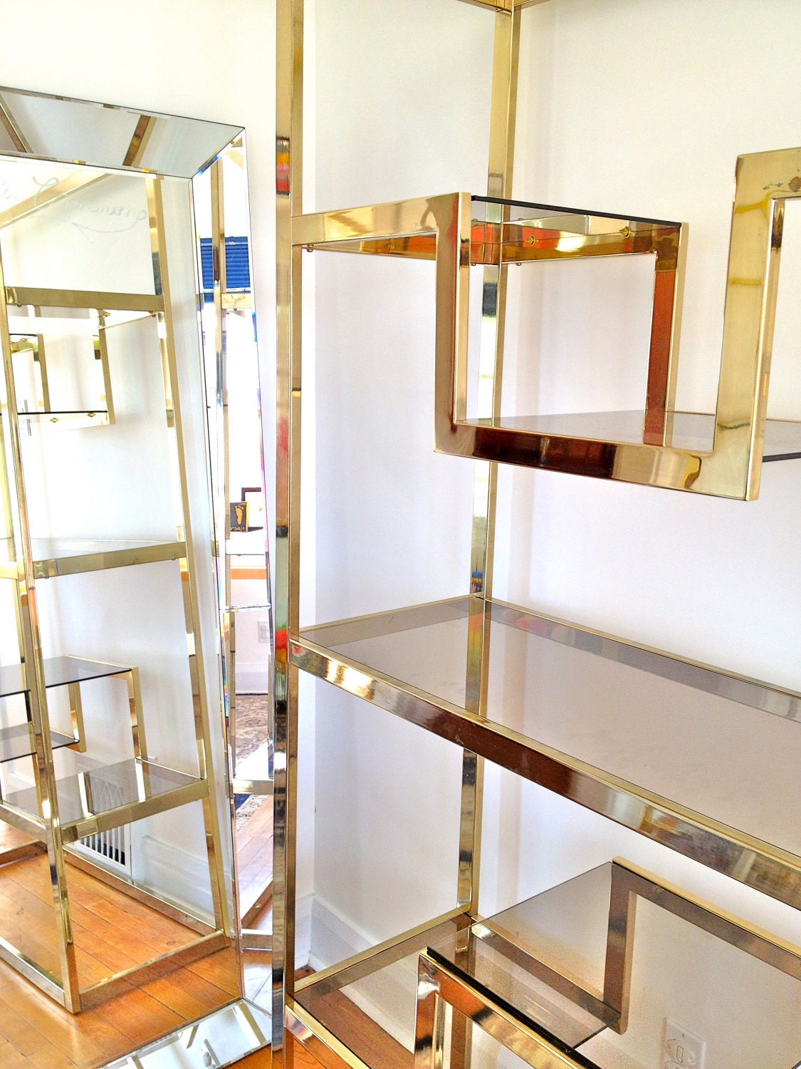 REDUCED - Milo Baughman Style Vintage Modern Brass Etagere Bookshelf Shelving Unit