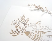 Little Fox, handmade papercut poster, white, brown, A4 - Papercutout