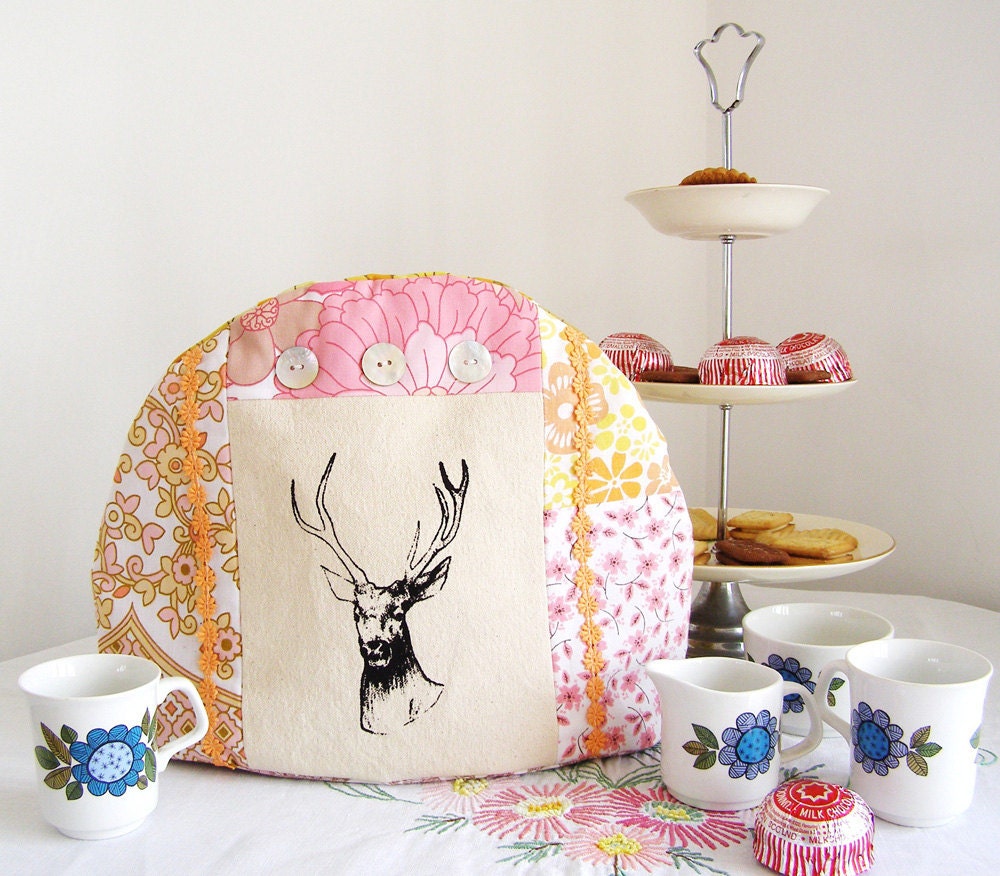 Hand made stag screen printed tea cosy