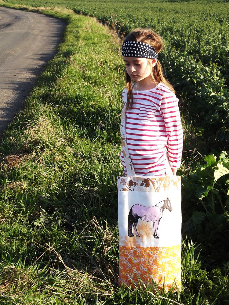 Lonesome Horse screen printed tote. Orange. (Large).