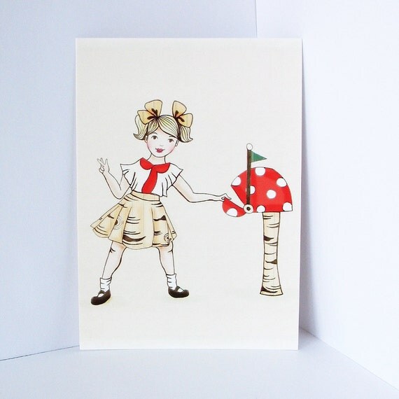 Red woodland girls, postcards, children, wall art, decor, art print, set of 3