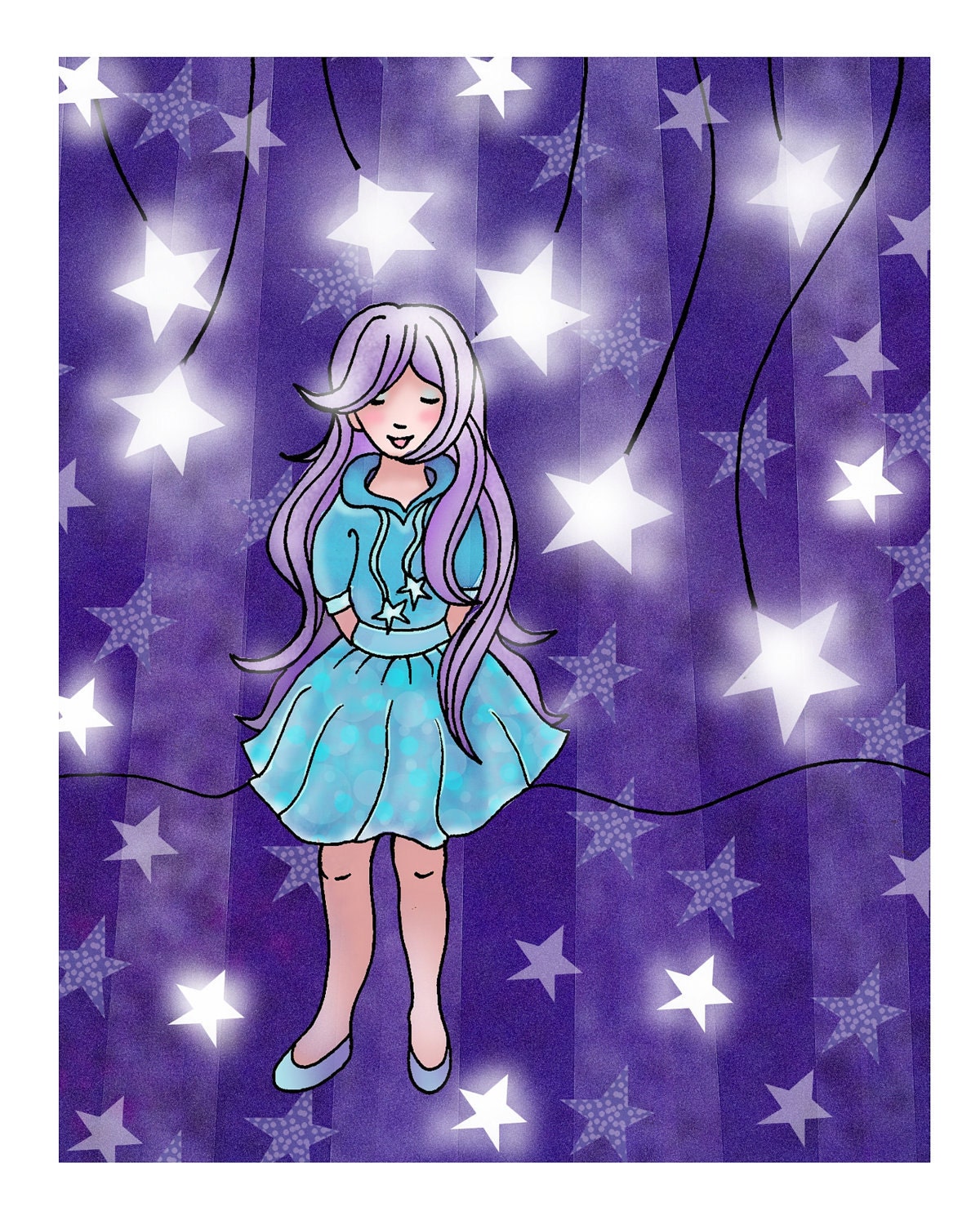 Children's Art Print, Wish Upon A Star, Purple, Kawaii, 8x10, kids wall art, nursery decor whimsical illustration