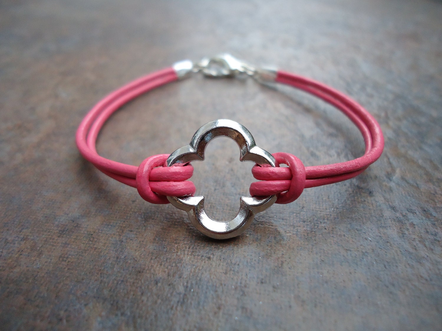 Watermelon Pink Leather Silver Quatrefoil Clover Bracelet