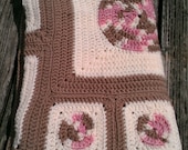 Crochet Granny Square Lapghan, Pink, Tan, Cream