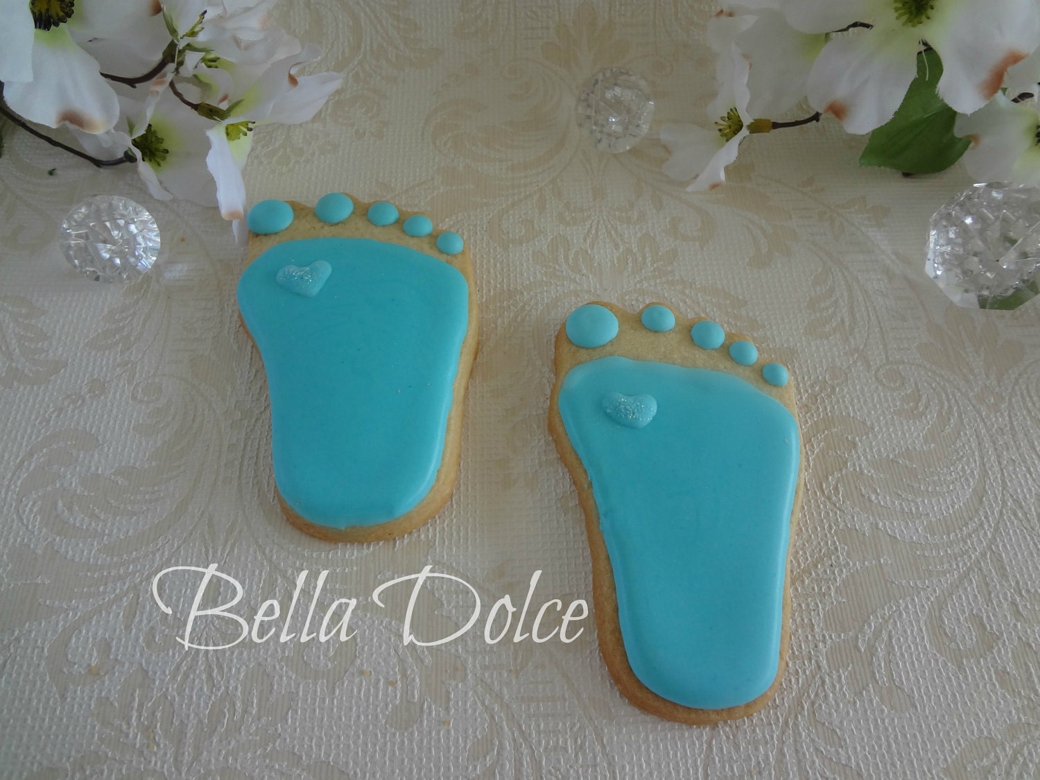 Blue Baby Feet with a Sparkle 1 Dozen (12 cookies) Decorated Sugar Cookies Baby Shower