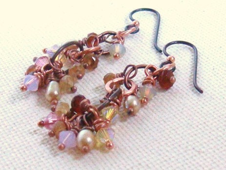 Warm Amber Colored Beaded Cluster Earrings Hessonite Garnet, Crystal and Copper Jewelry