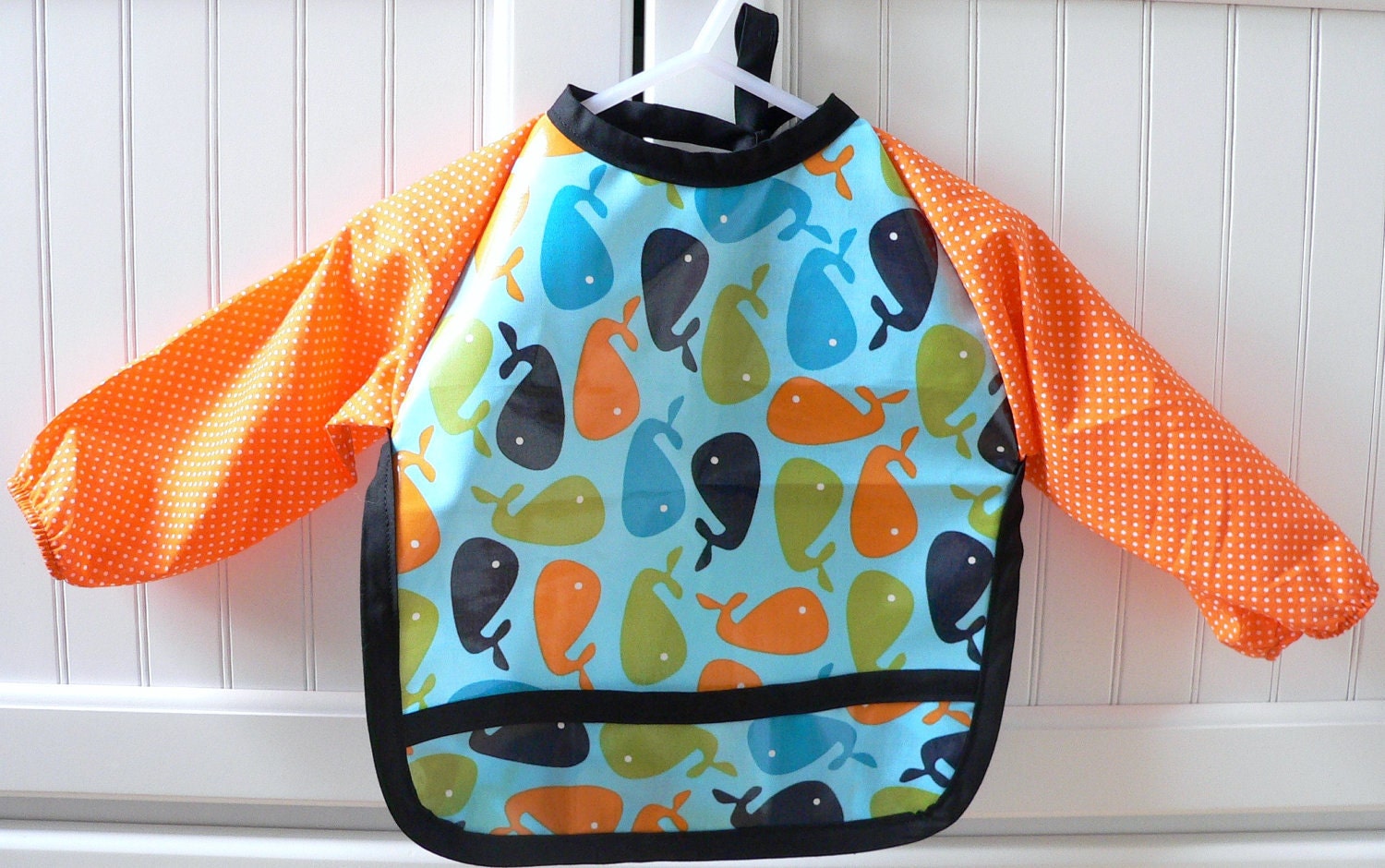 Laminated Cotton Front - Urban Zoologie Whales and Orange Sleeves