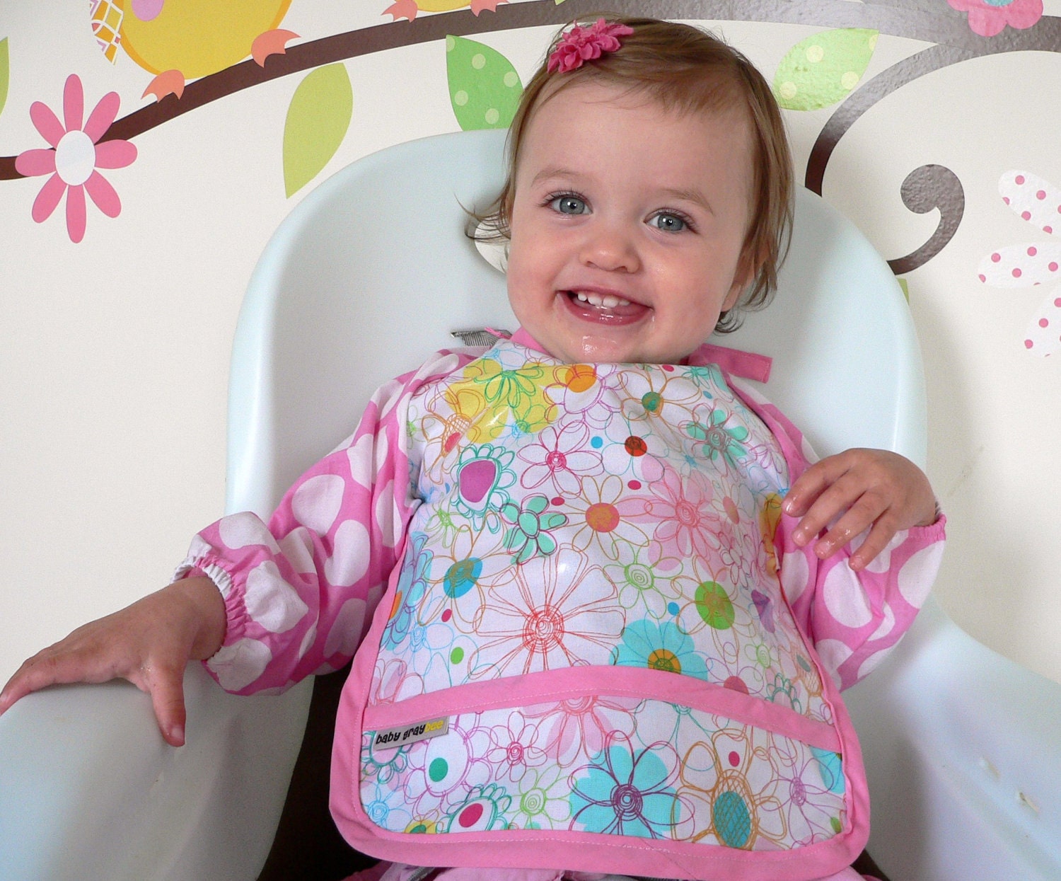 Laminated Cotton Long Sleeve Bib for babies Flower Fabric by Timeless Treasures Sleeve-Saver, Pink Polkadots